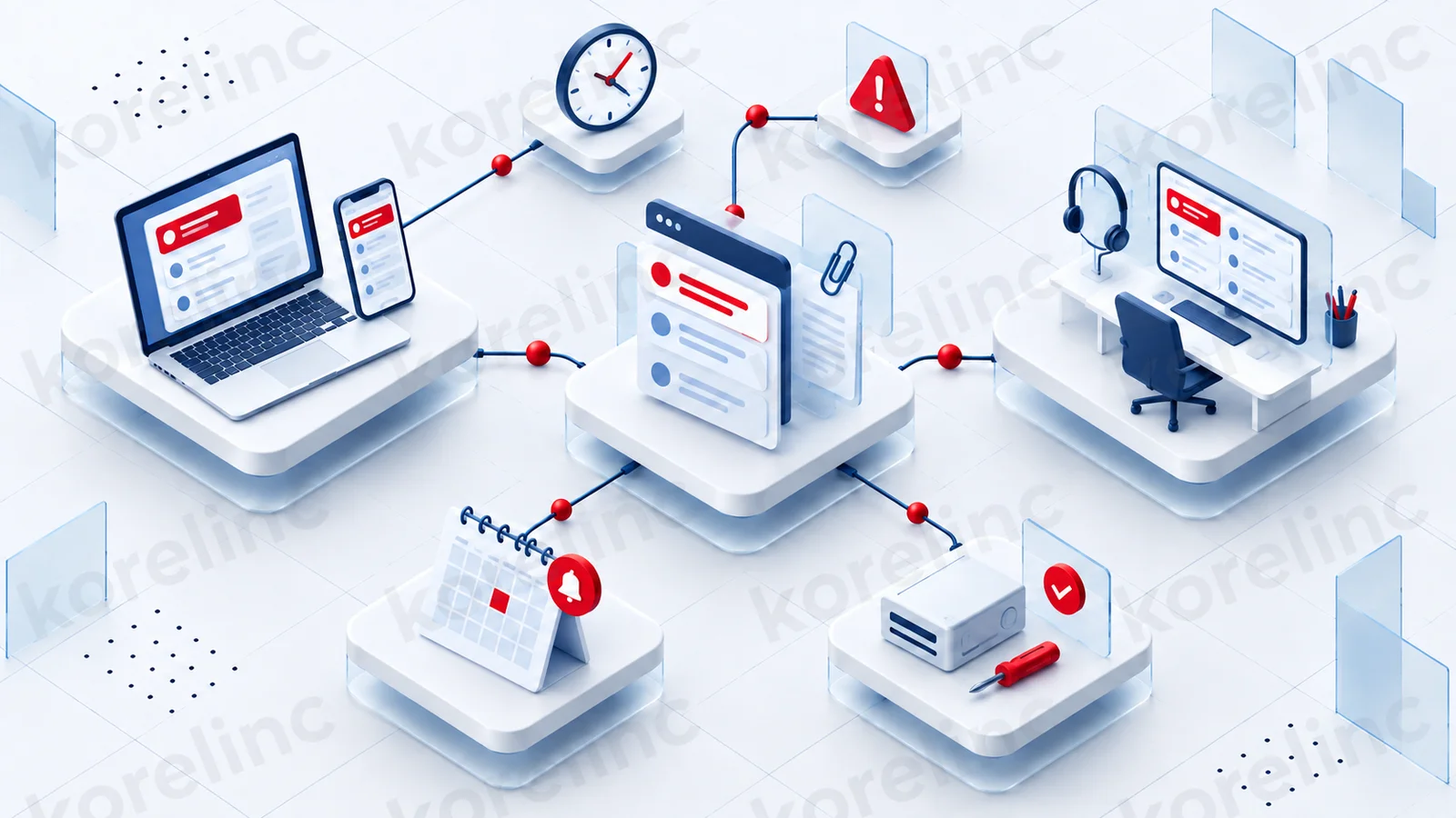 Ilustración del cliente, expediente de servicio y agente conectados con SLA y agenda